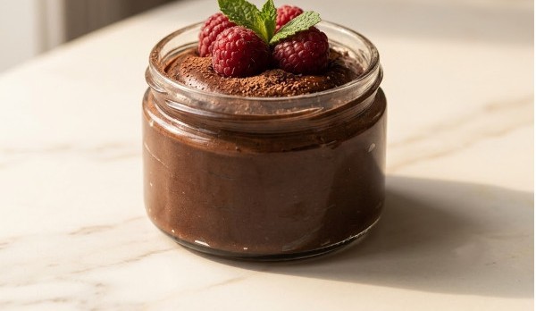 Mousse de chocolate con aguacate y banana, decorado con frambuesas frescas